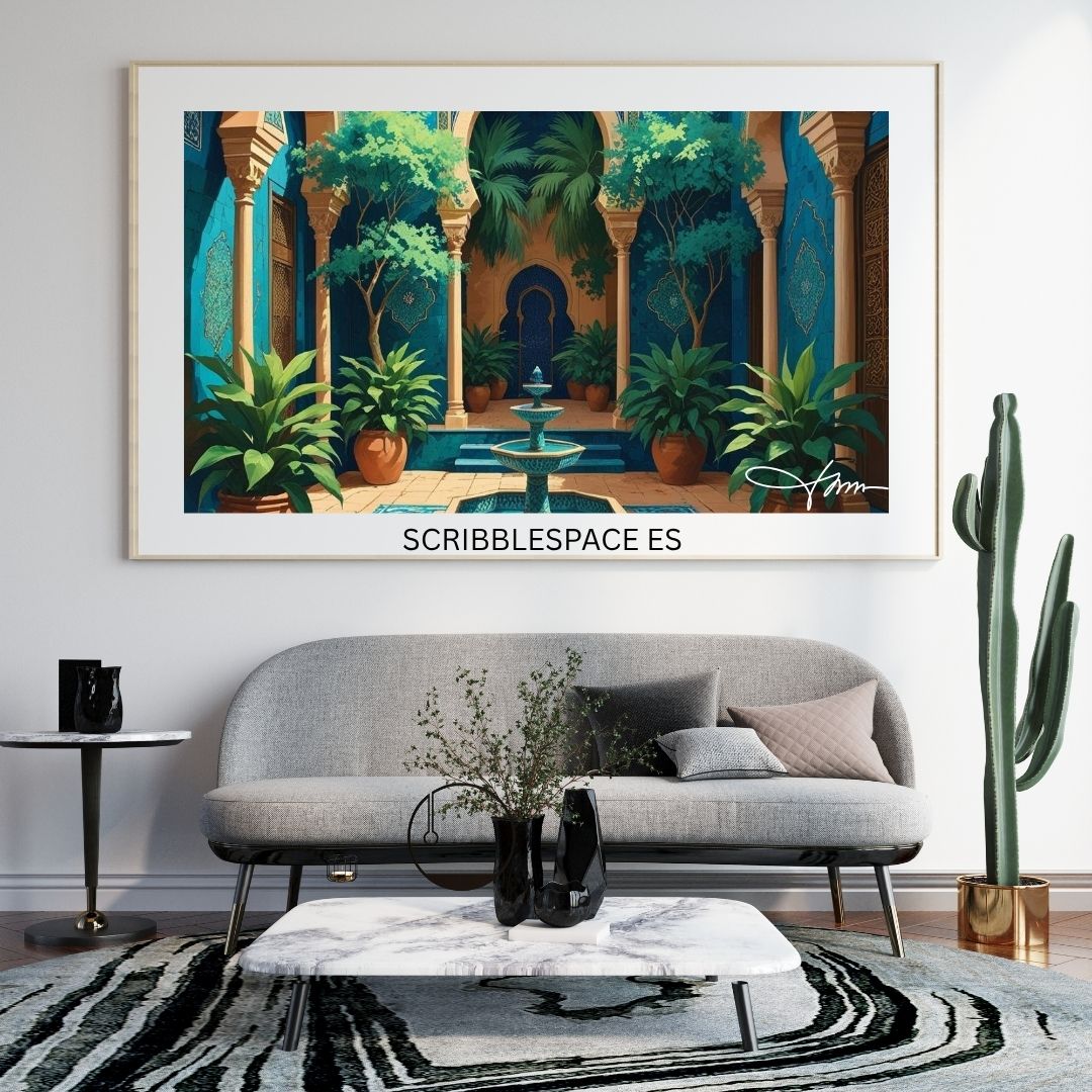 Moroccan Courtyard Wall Art Printable – Intricate Tile Arch, Fountain, Boho Islamic Decor, Digital Download for Home or Office