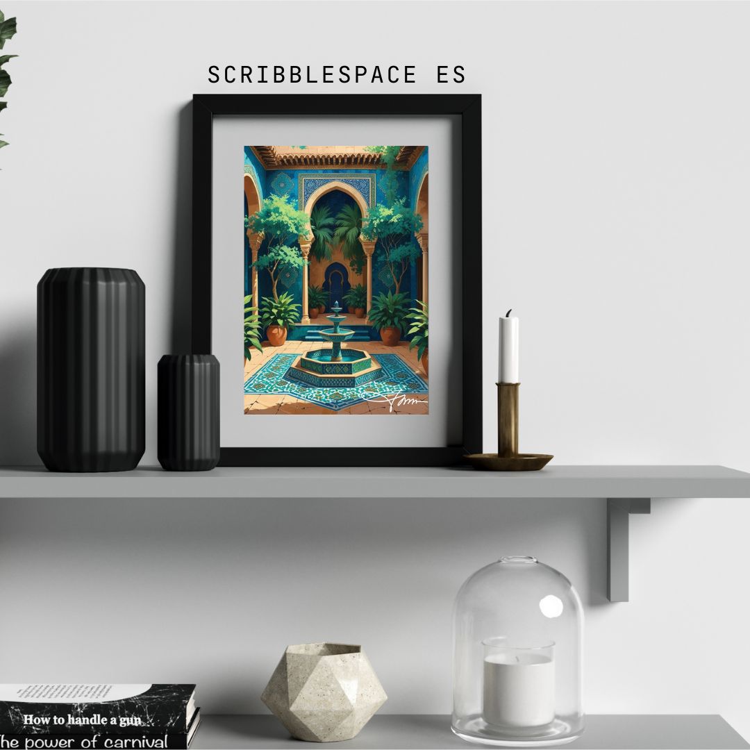 Moroccan Courtyard Wall Art Printable – Intricate Tile Arch, Fountain, Boho Islamic Decor, Digital Download for Home or Office