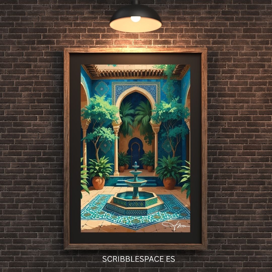 Moroccan Courtyard Wall Art Printable – Intricate Tile Arch, Fountain, Boho Islamic Decor, Digital Download for Home or Office