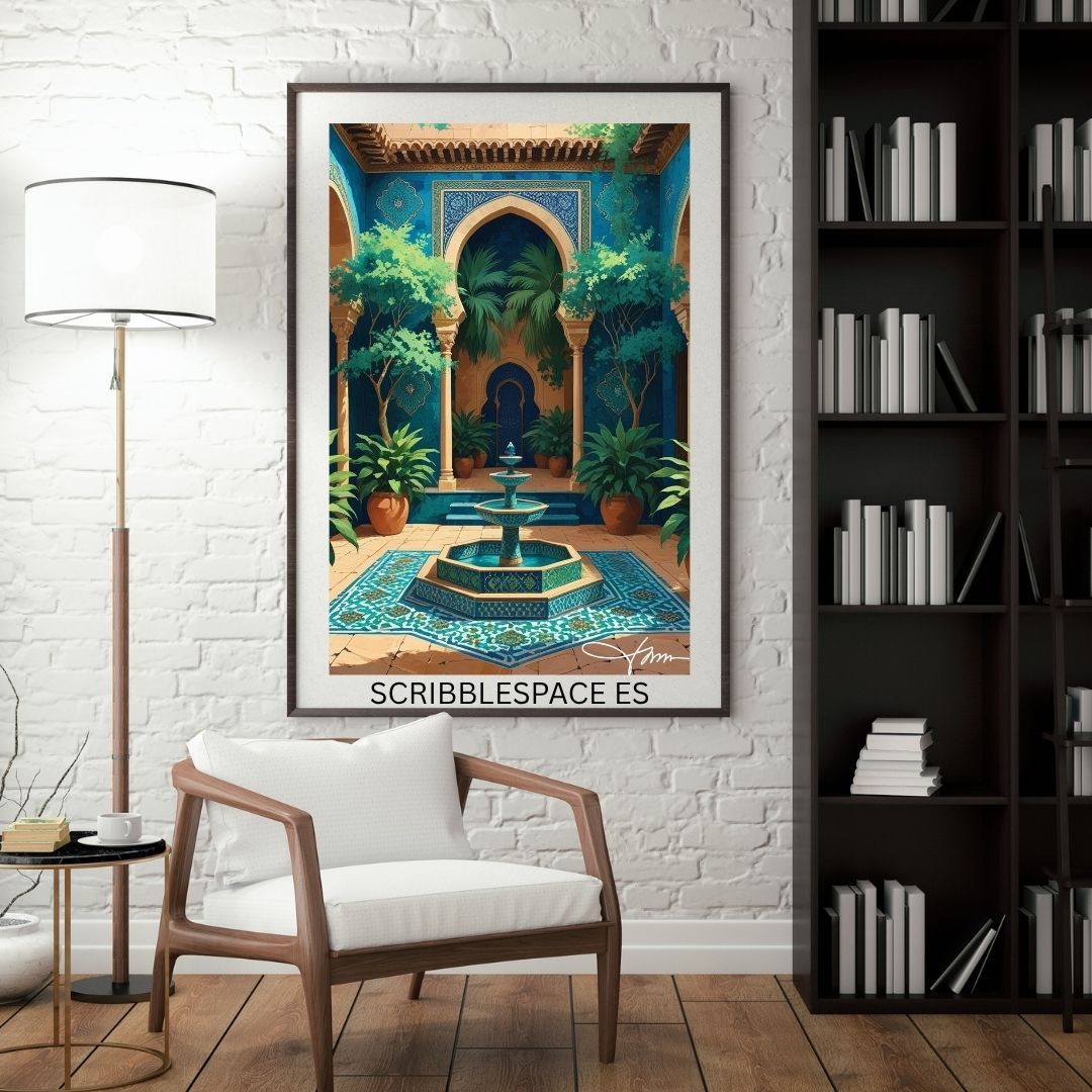 Moroccan Courtyard Wall Art Printable – Intricate Tile Arch, Fountain, Boho Islamic Decor, Digital Download for Home or Office