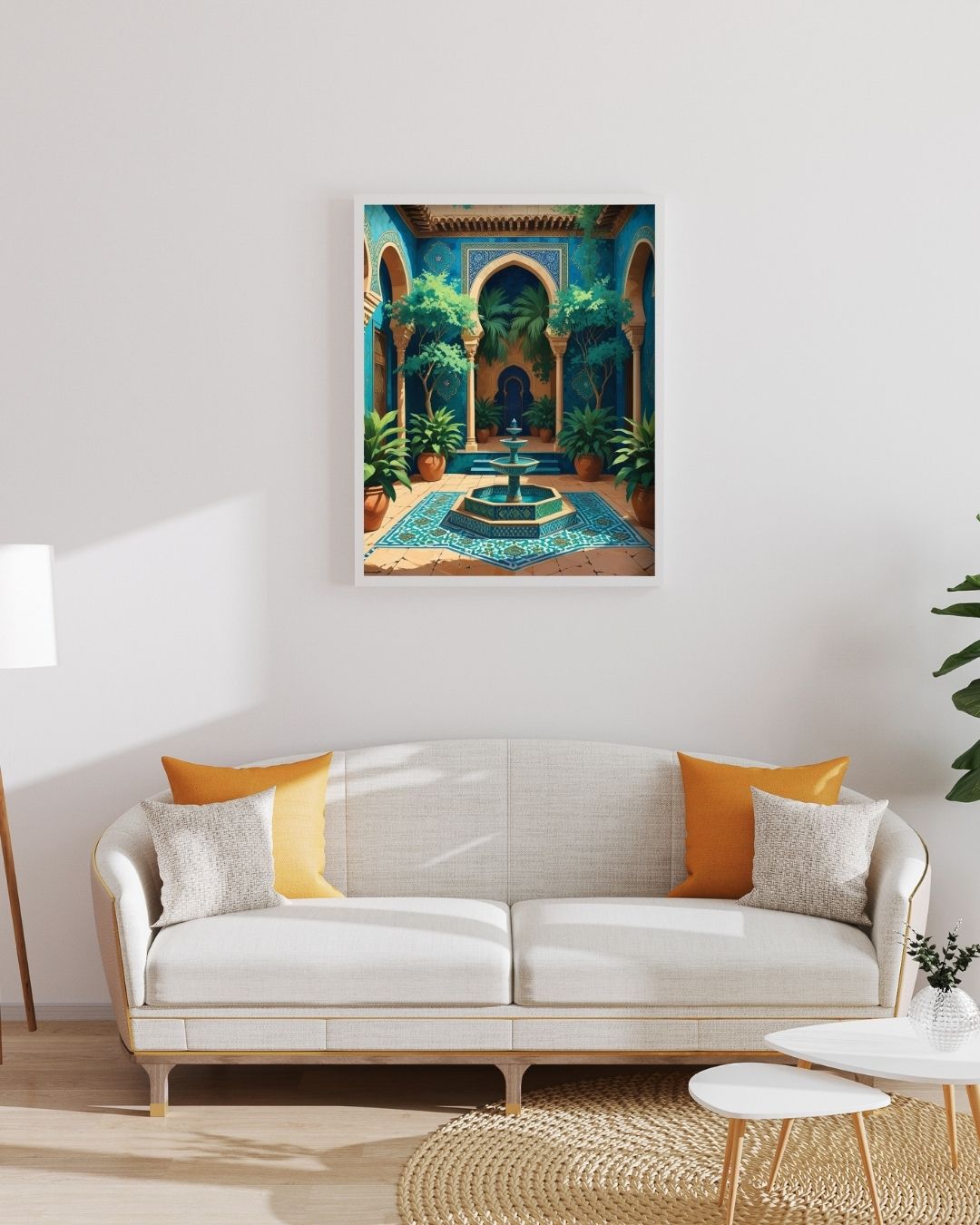 Moroccan Courtyard Wall Art Printable – Intricate Tile Arch, Fountain, Boho Islamic Decor, Digital Download for Home or Office