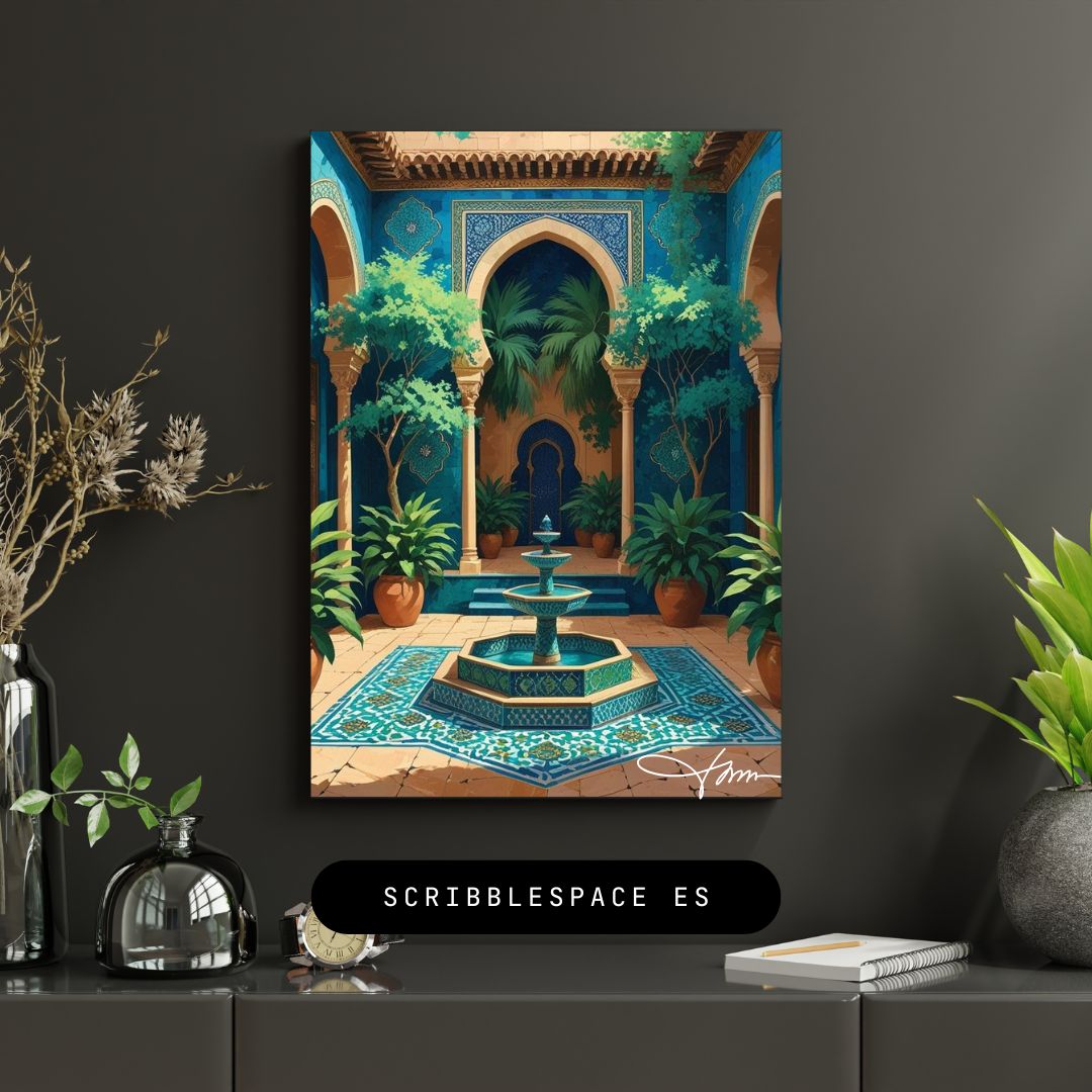 Moroccan Courtyard Wall Art Printable – Intricate Tile Arch, Fountain, Boho Islamic Decor, Digital Download for Home or Office